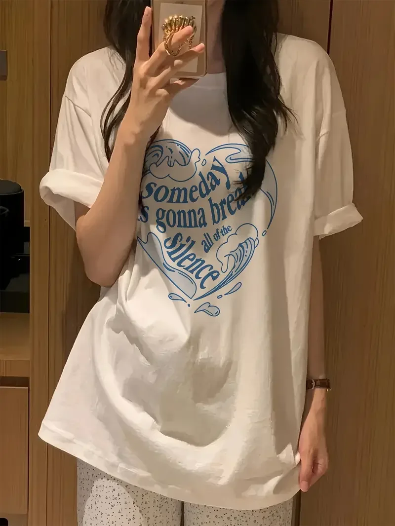 

Plus - Size Women's White Oversized Shirt Sleeve Comfort T - shirt, Heart -shaped “someday it's gonna break all of the silence”