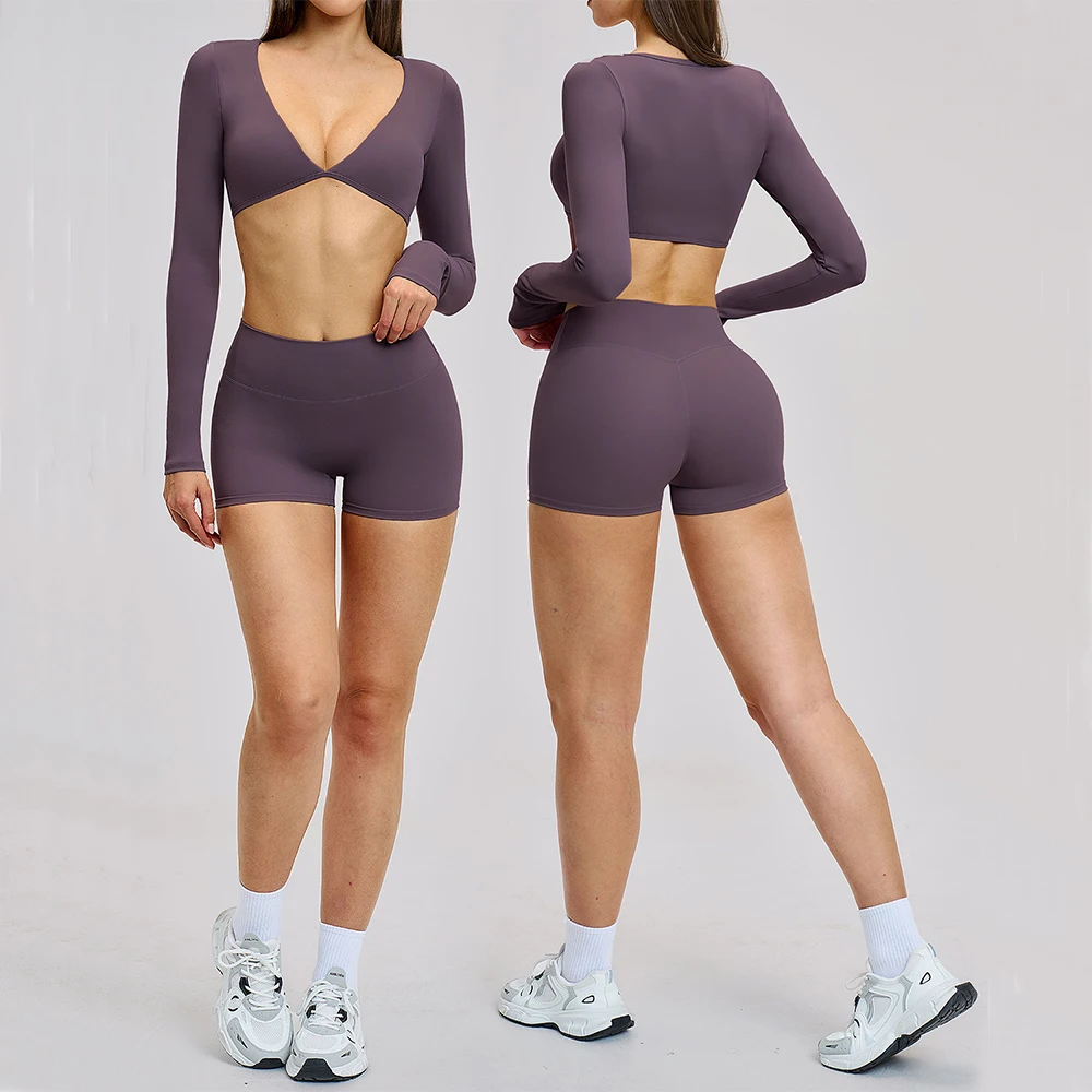 Sportswear 2 Pieces Yoga Suit Women Fitness Long Sleeved Gym Clothes Sports Bra Running Summer Shorts Workout Set Gym Set Outfit