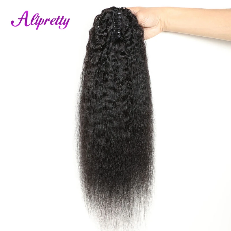 Alipretty Kinky Straight Ponytail Extensions Human Hair Yaki Brazilian Ponytail For Women Claw Clip On Pony Tail Hair Hairpieces