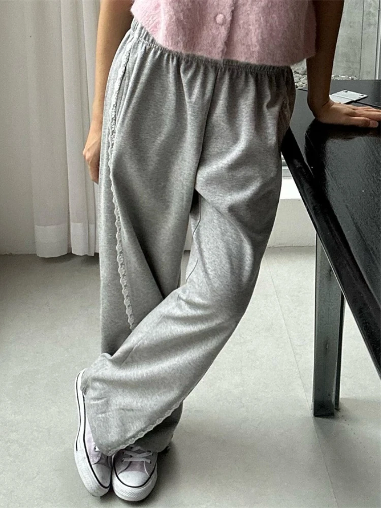 Deeptown koreański styl patchworkowy Streetwear wysoki stan szerokie nogawki spodnie kobiety wiosna Kawaii urocza koronka luźne spodnie na co dzień