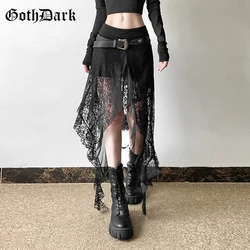 Goth Dark Irregular Hem Lace Patchwork Mid Skirts Women Streetwear Y2K Fairy Slim Pleat A-line Skirt Mall Goth Fashion Bottoms