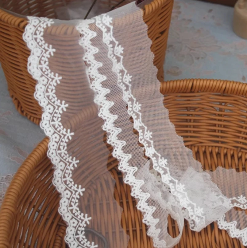 Weiße Baumwoll-Spitzenborte mit Stickerei für Kinderkleidung. DIY Handgefertigte Spitzenmaterialien, Kleidungszubehör, Nähzubehör. – Detail 6