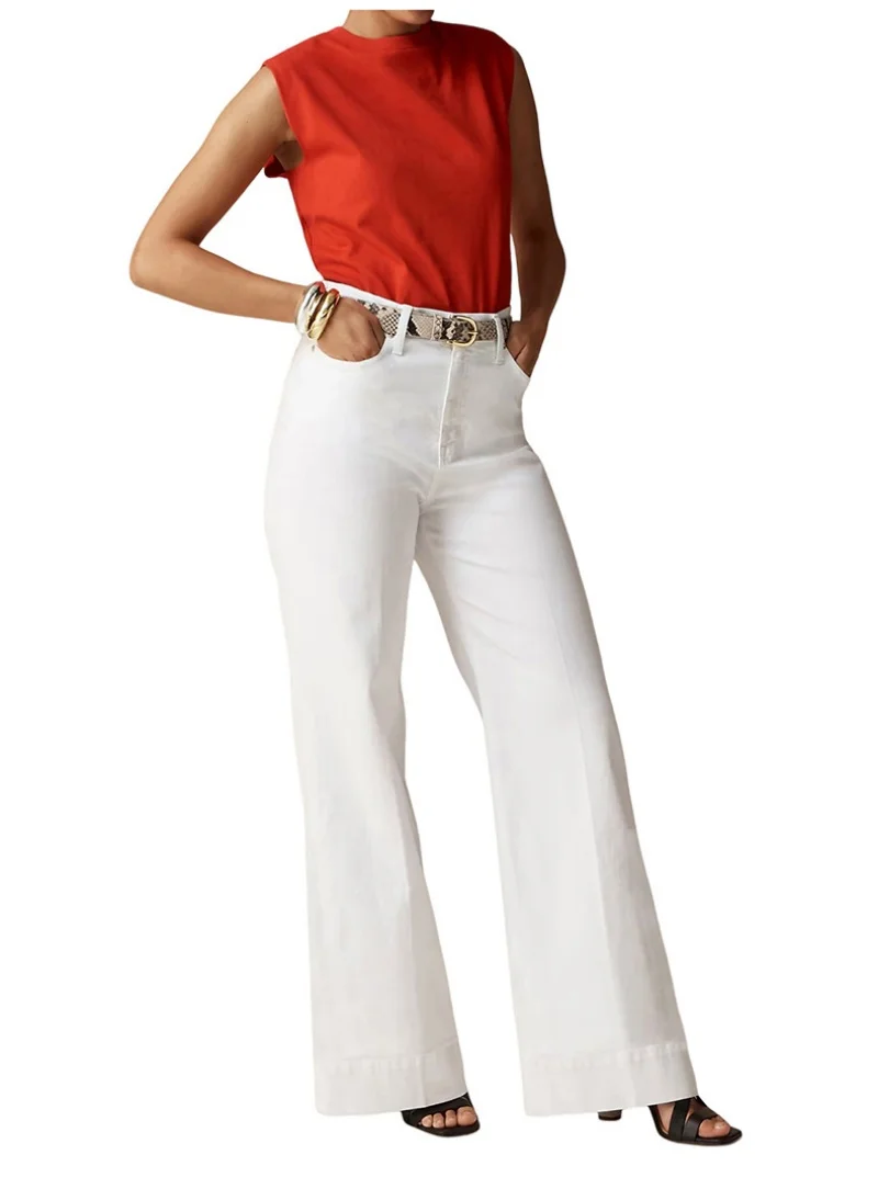 

Autumn-Winter Casual Women's Flared Mid-Waist Stretch Pants Snakeskin Belt Jeans White Classic