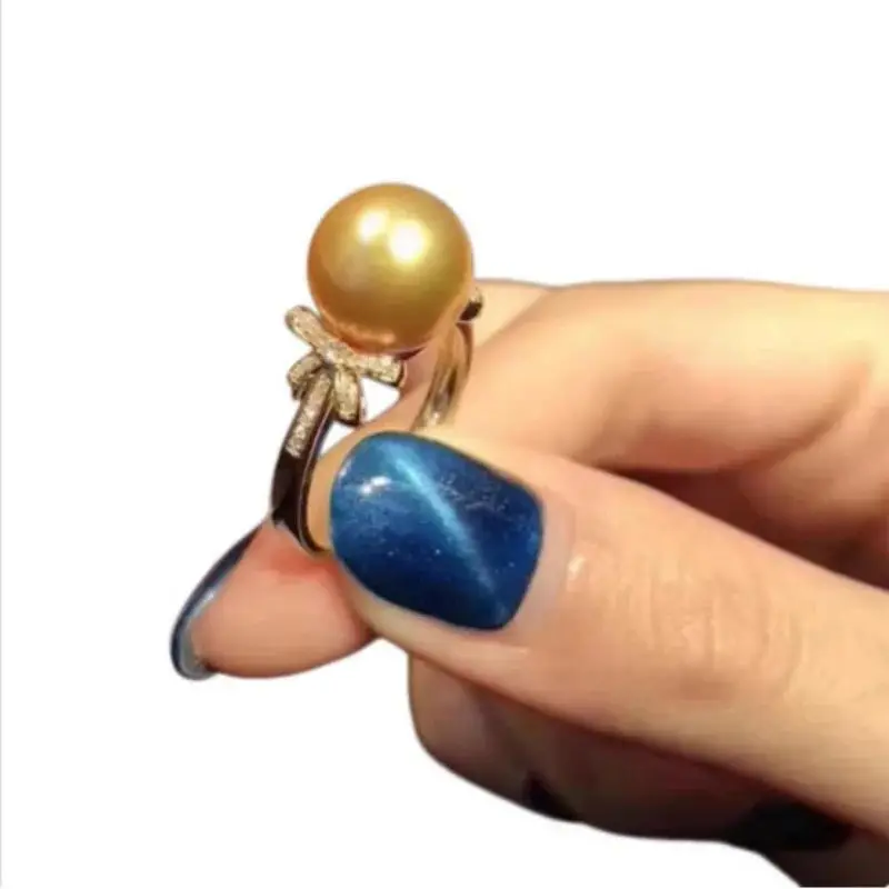 Gorgeous AAAA 10-9mm Round Natural South Sea Gold Pearl Women's Ring 925 Silver