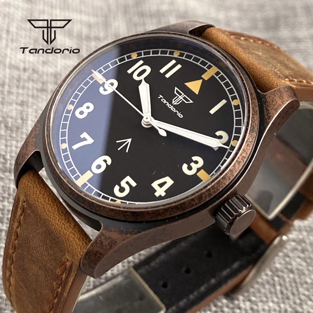 

Tandorio Distressed Style 39 мм Pilot Автоматические механические часы с бронзовым покрытием NH35/PT5000 20BAR Dive Sapphire Винтажные наручные часы