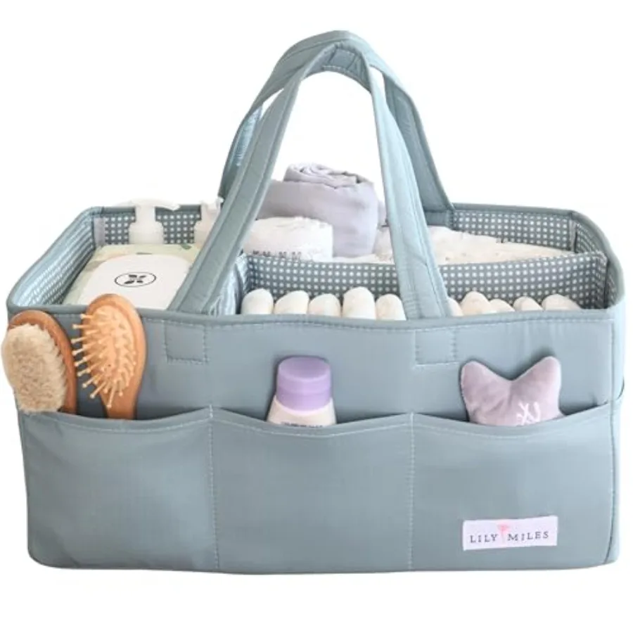 

Baby Diaper Caddy Organizer Wipeable Diaper Organizer Basket with 8 Pockets for Newborn Essentials Nursery Tote Bag for Changin