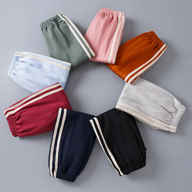 Size 100-160 New Winter Pants for Boys Girls Kids Plus Fleece Thermal Warm Side Strip Casusl Sports Style Children Trousers