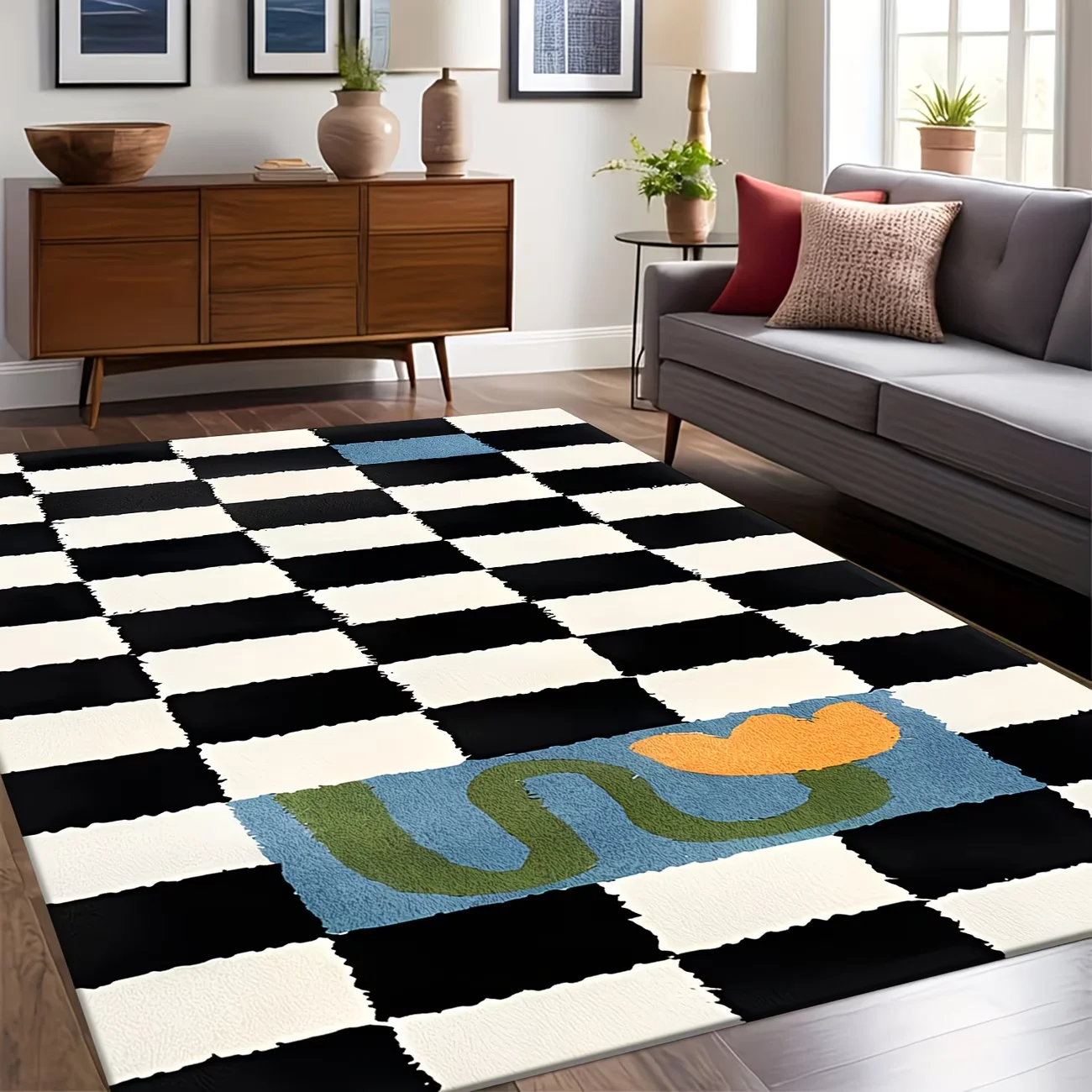 Ästhetischer Karierter Blumenteppich - Rutschfester Schwarz-Weißer Schachbrett-Eingangsbereich-Teppich - Kreativer Künstlerischer Innenbodenteppich