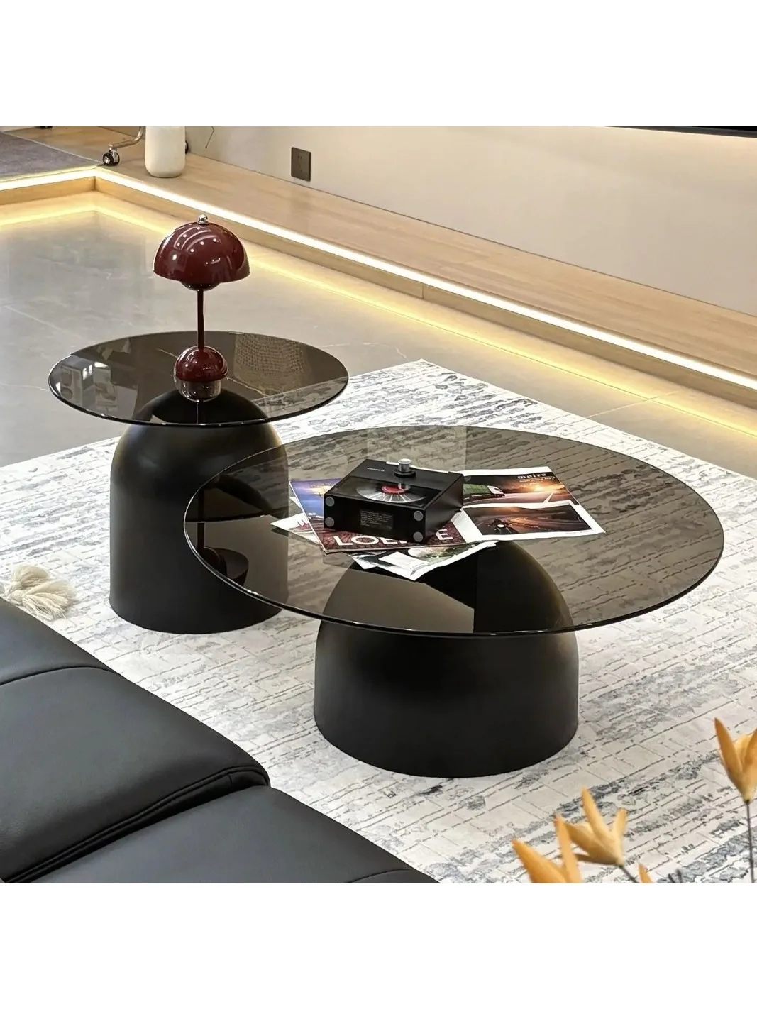 Moderne ronde glazen salontafel, metalen onderstel en blad van gehard glas, bijzettafels voor woonkamer, banktafel, - afbeelding 2