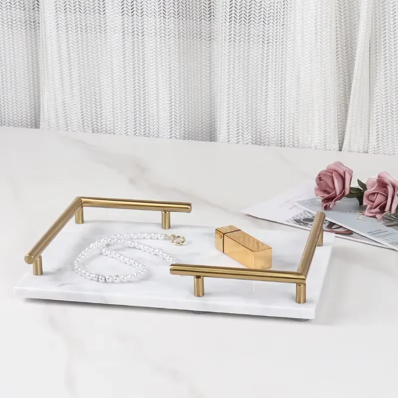 Stonekocc 45x28CM Natural Marble L-shaped Mesh Gold Handle square Stone Tray Creative Hotel Home and Living Room Decoration
