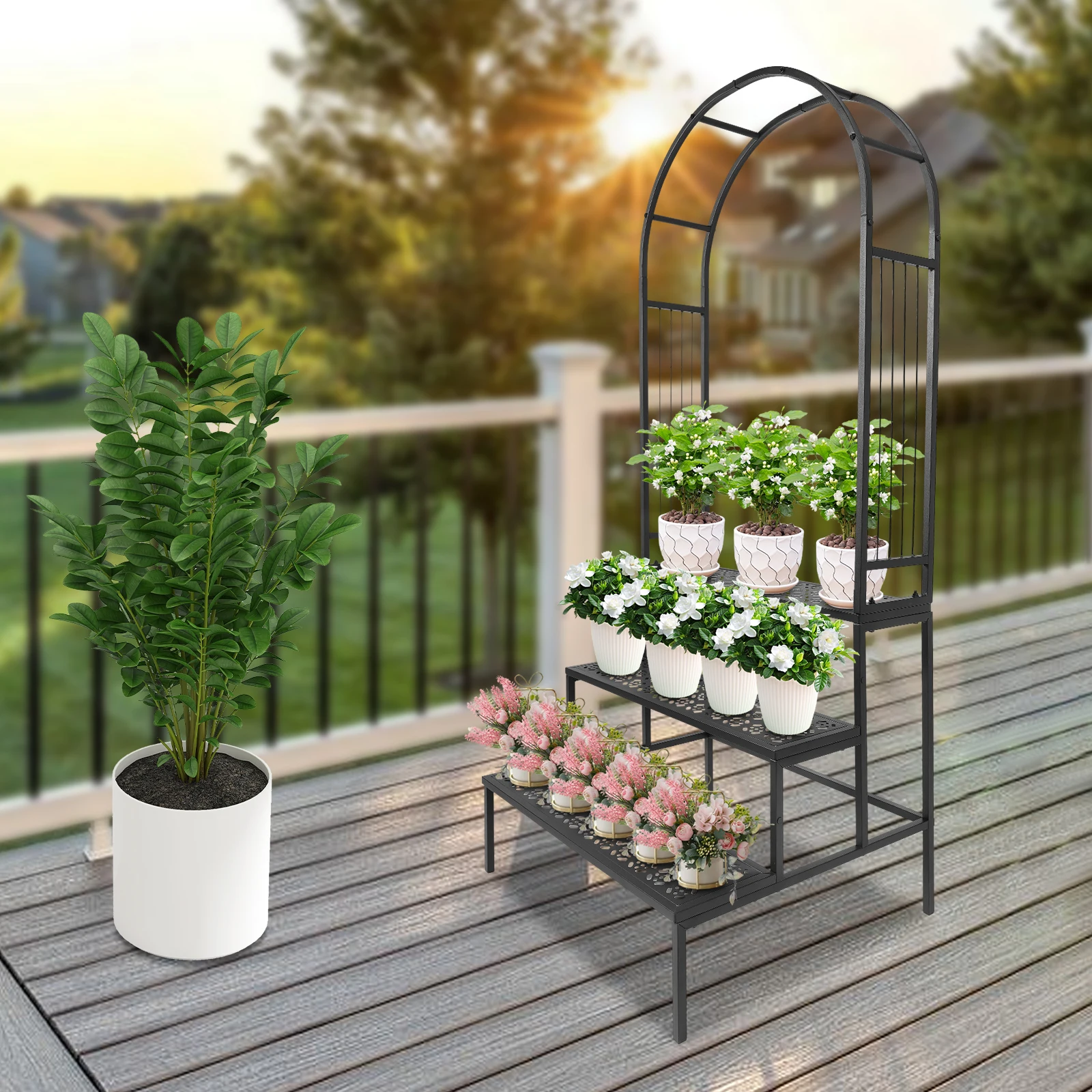 3 Tier Plant Stand with Garden Arch Flower Pot Holder Display Shelf Rack Garden Arbor Display for Climbing Plants Indoor/Outdoor