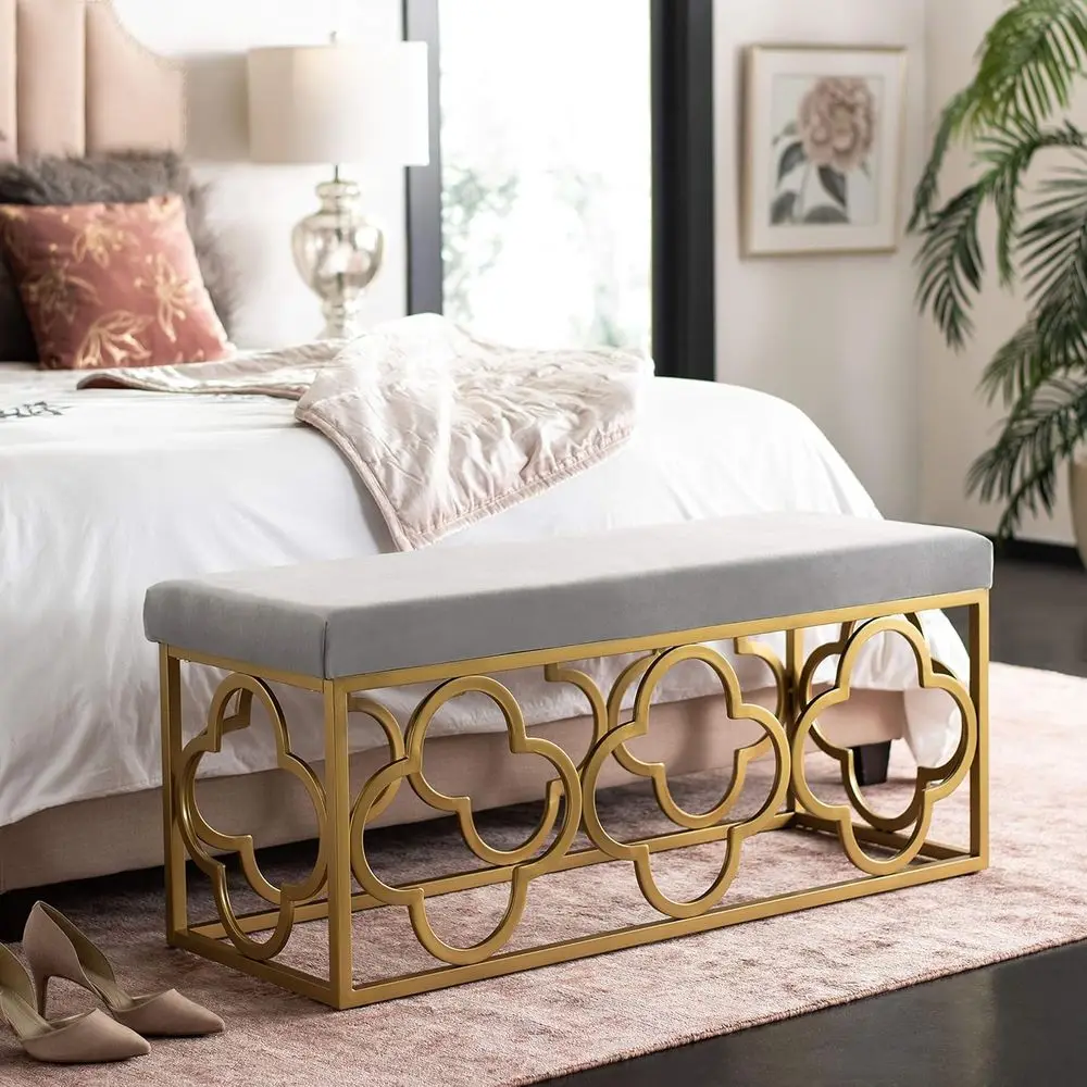 Glamorous Grey Velvet & Gold 45 Rectangle Bench by Safavieh Home Fleur