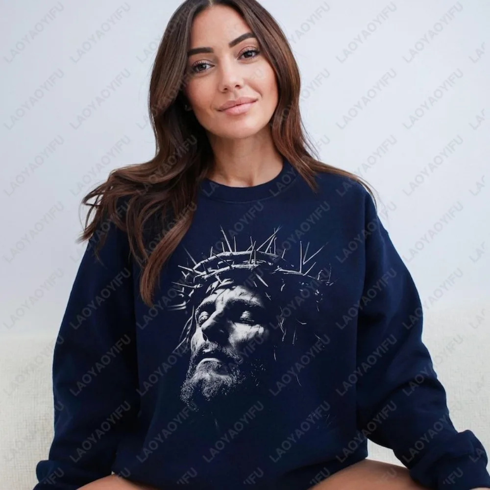 

Jesus with Crown Of Thorns Sweatshirt Religious Christian Portrait Unique Street-style Cotton Breathable Clothing Easter Gift