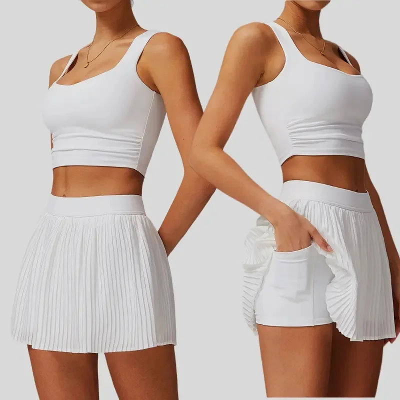 Women's 2 Piece Yoga Skirt Set Hip Hugging Slimming Outdoor Fitness Tennis Skirt Sun Protection Sports Outfit
