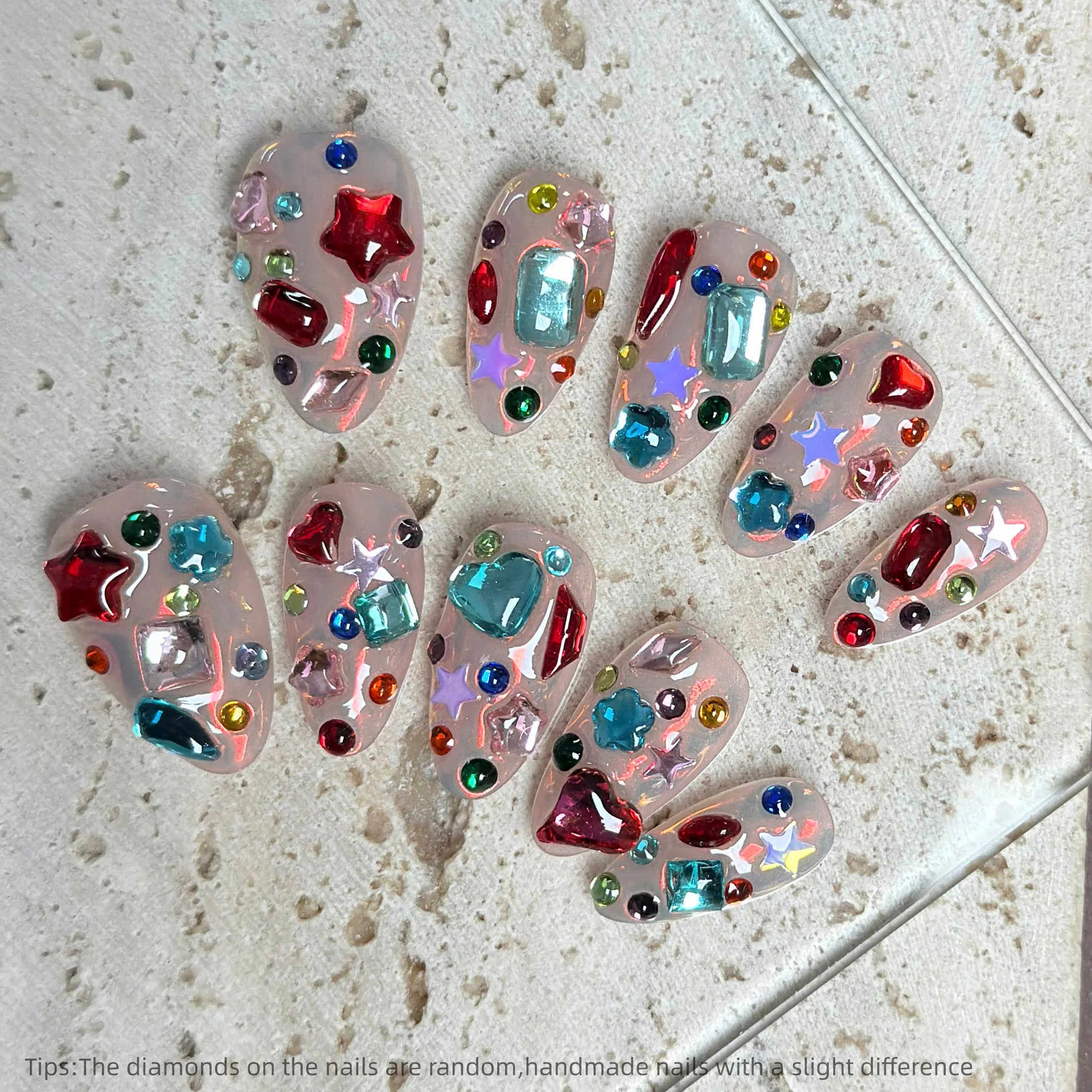 10pcs Handmade Colorful Rhinestone Star Heart Press On Nails Short Almond Sweet Shiny Fake Nails Y2K Style Decor False Nails image 2