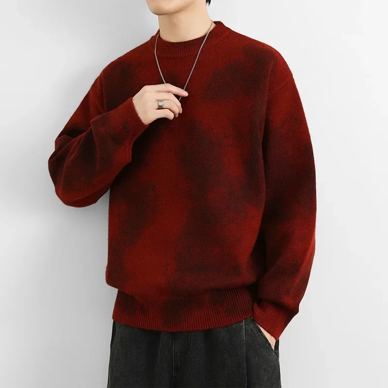 

Autumn and Winter 2024 New Men's Sweater Loose Trendy Brand Tie Dyeing Fashion Round Neck Knitted Wool Sweater