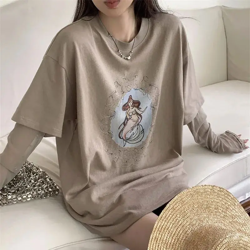 

Spring printed fake two-piece short-sleeved T-shirt mermaid printed casual long-sleeved top for women