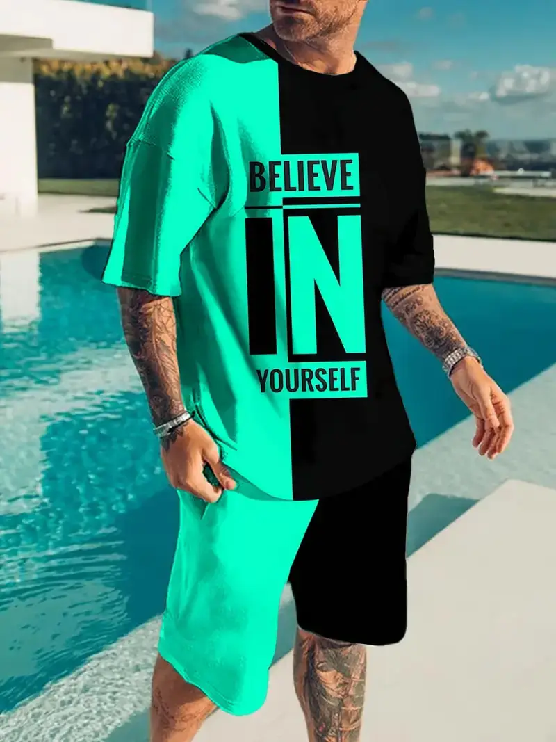 3D Believe In Yourself Bedrucktes T-Shirt + Shorts 2PCS Outfits Sommer Herren Casual Sportanzug Mode Strand Kurzarm T-Shirt Set