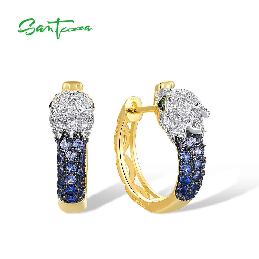 

SANTUZZA Pure 925 Sterling Silver Hoop Earrings For Women Sparkling Blue Green Stone White CZ Dragon Party Lovely Fine Jewelry