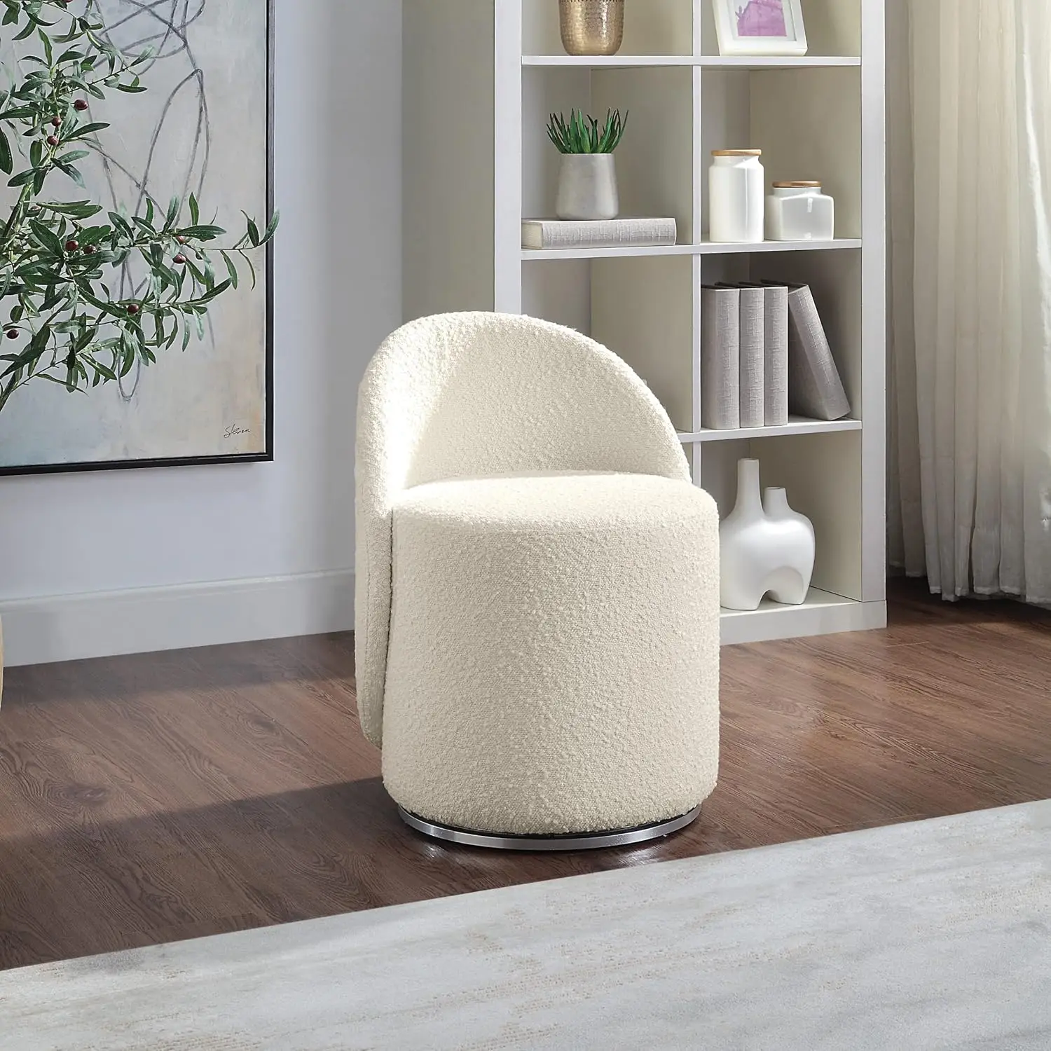 Furnishings Lystra Swivel Barrel Vanity Chair with Textured Boucle Fabric, Cream