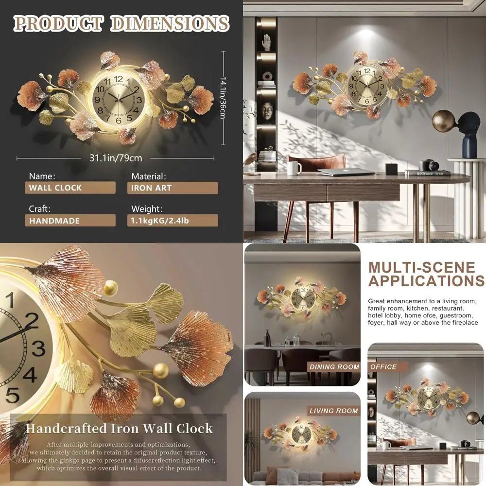 

Большие настенные часы для декора гостиной с бесшумным кварцевым механизмом и 3D-изображением листьев гинкго, современные стильные декоративные металлические настенные часы