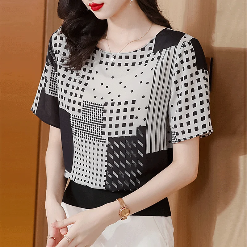 Korean Printed Plaid Pullovers Women's Clothing Fashion Spliced Summer Short Sleeve All-match Casual Round Neck Commute T-shirt