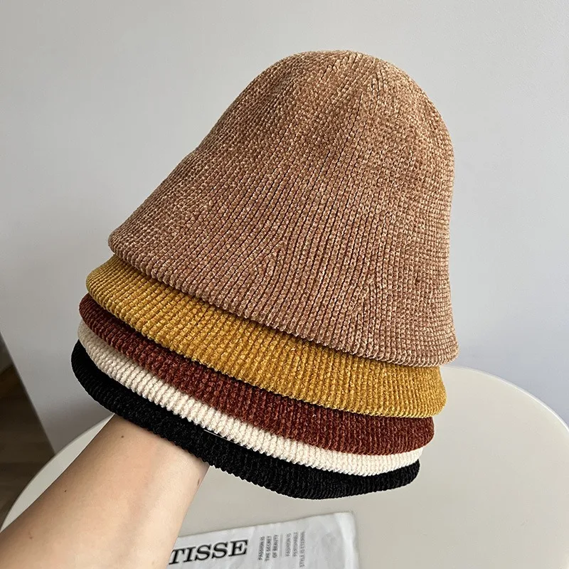 Winter Bucket Hat for Women Solid Color Thickened Warm Cap French Wool Hat Lady Panama Outdoor Hiking Knitted Fisherman Hat