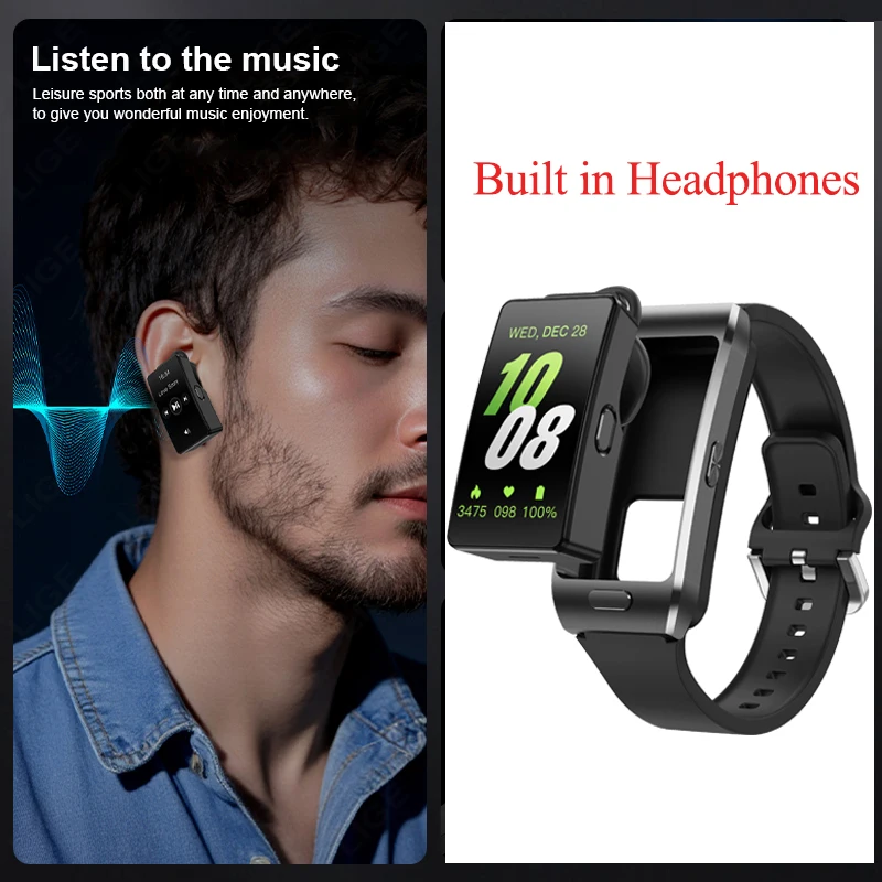 LIGE 2025 New 2-in-1 Built in Wireless Earphones Smart Watch Suitable For All Smartphones Men Women Wearing Earphones Smart Watc