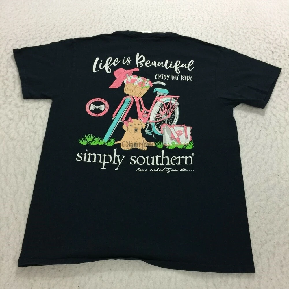 Simply Southern T-Shirt Womens Size M Blue Life Is Beautiful Bicycle Graphic