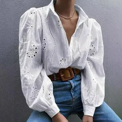 Women's Fall and Winter New Fashion Casual Single-breasted Solid Color Embroidered Broken Hole Bubbly Long-sleeved Lapel Shirt