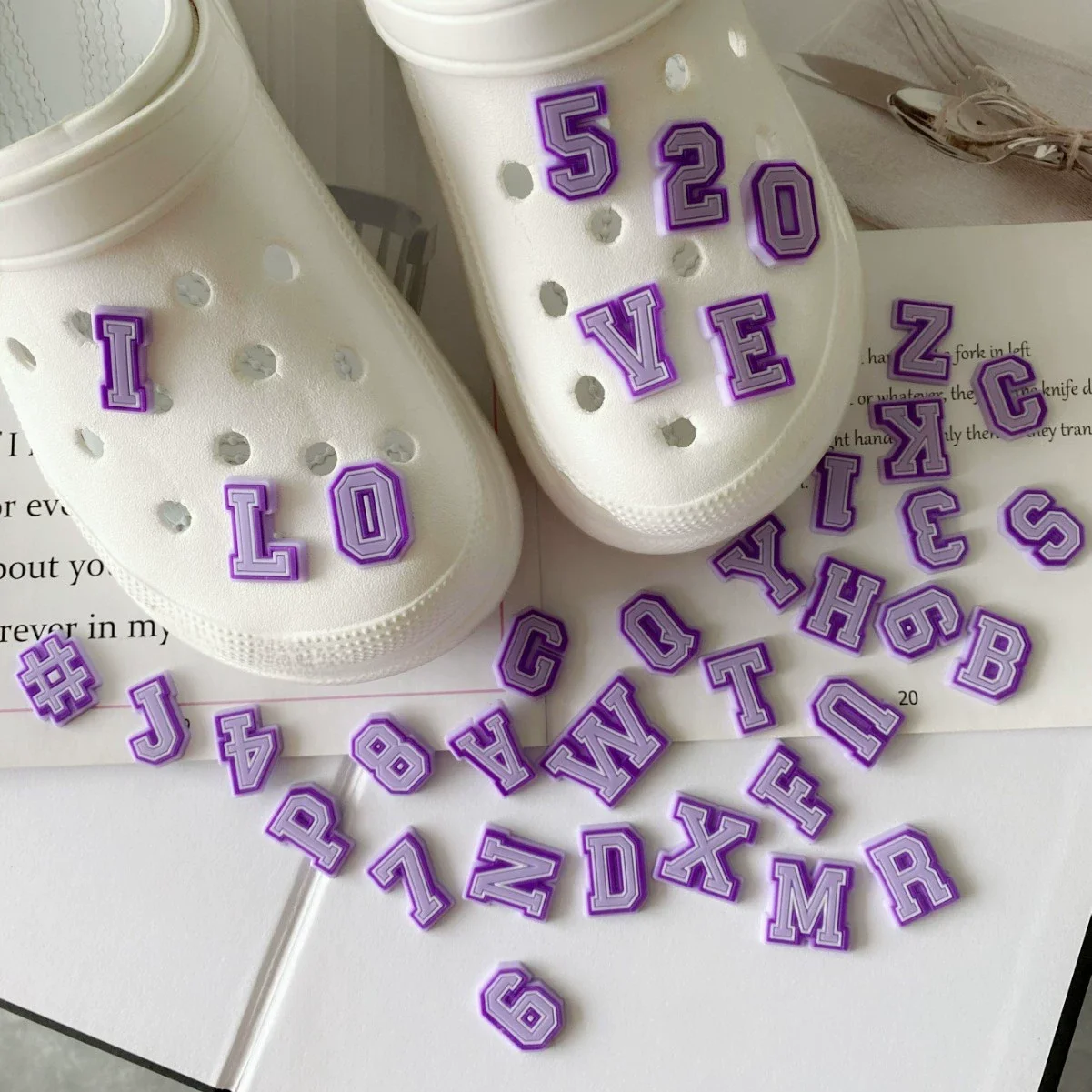 Purple Alphabet Letter Pins Shoe Charms for Crocs Clog Bubble Slides Accessories DIY Shoe Decoration Buckle Charms Party Gifts