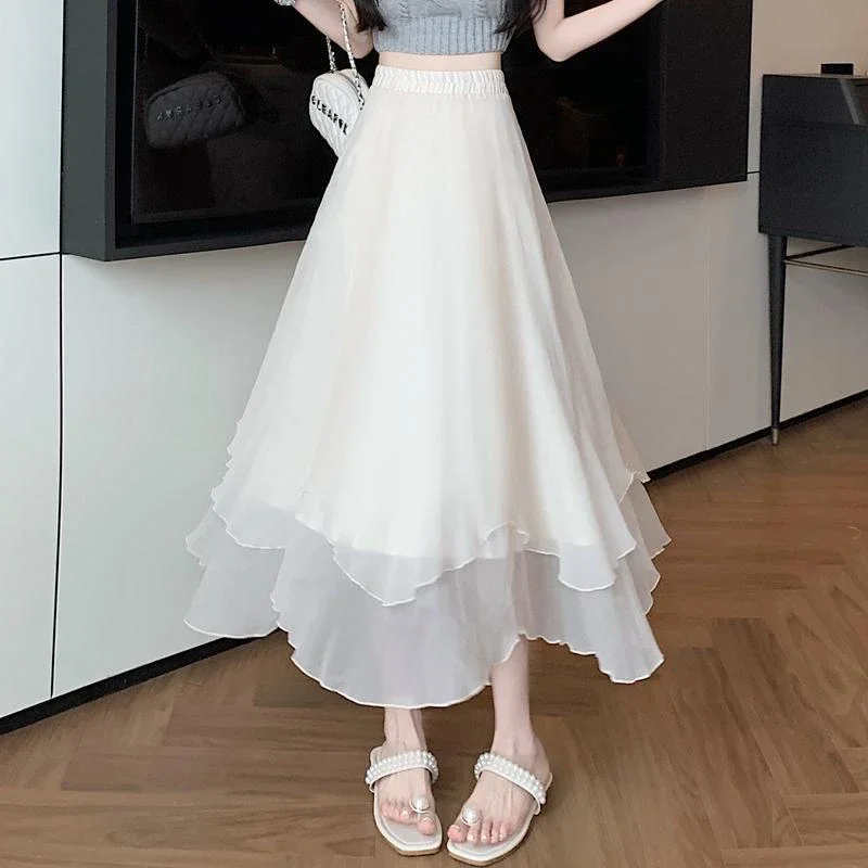 GIDYQ Summer Women Mesh Skirt Fashion Korean High Waist Loose Midi Skirt Y2K Elegant Female Casual All Match A Line Skirts New