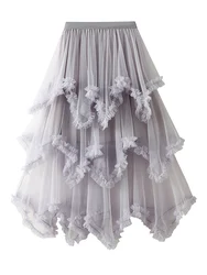 Women s Solid Color Tutu Skirt Mesh Layered MidiDress High Waist Ruffle Tulle Long Tiered A-line Skirt