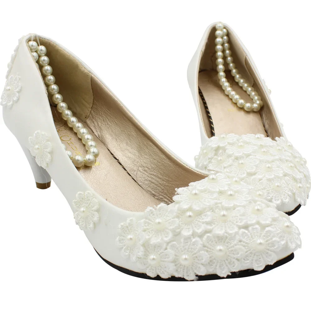 Spring and Autumn Fashion New Sexy Pumps Wedding PU 3 5 8CM Thin Heels Fashion String Bead Flower Shallow Women Shoes White