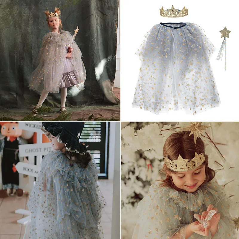 EnkeliBB Top Quality Kids Girls Christmas New Year Photography Props Cloak Capes Crown Magic Stick Birthday Party Wear