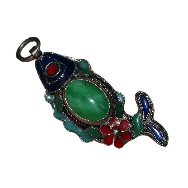 

Old Tibetan Silver Cloisonne Inlaid Green Jade Fish Shape Pendant,Chinese Old Craft Made