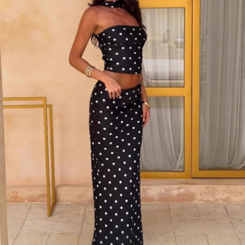 

Лето 2025 г., темпераментный топ без рукавов с принтом в горошек, жилет и юбка, женский костюм-двойка