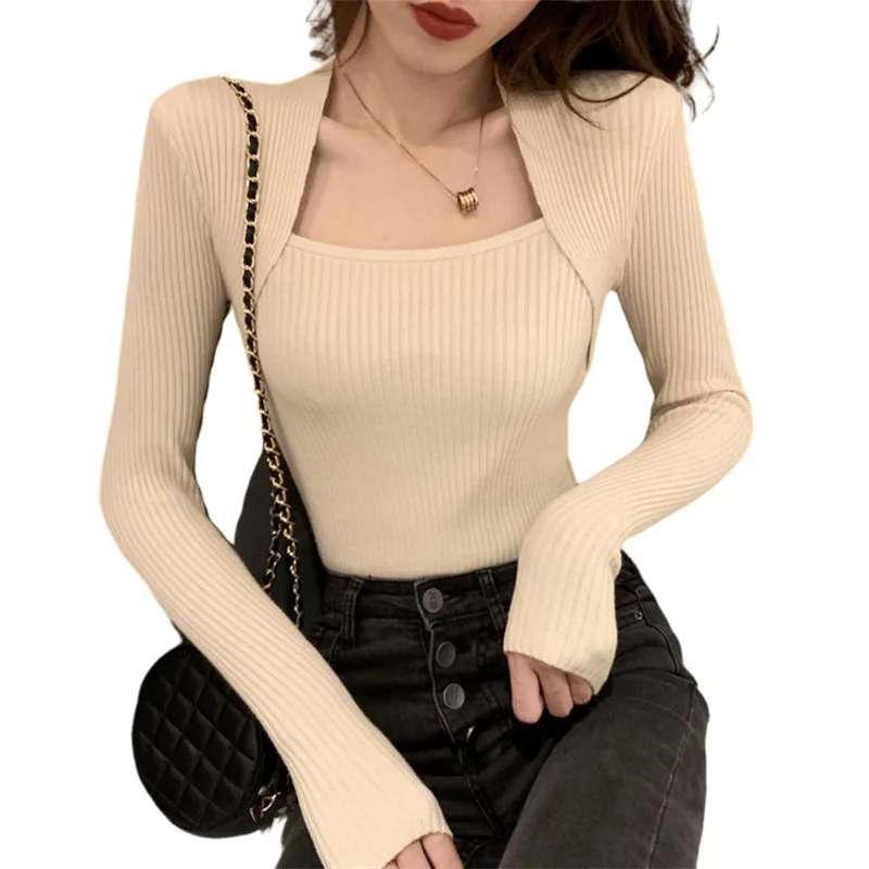 

3XL Women Spring Autumn Blouses Shirts Lady Fashion Casual Long Sleeve Square Collar Soft Sweater Elastic Blusas Tops CT0795