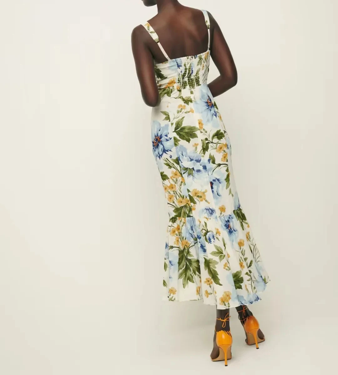 

Spring New Sexy Floral Print Lace Trim ter Dr Women's Retro Sle mid Waist A-Line Midi Dr Polyester Fiber No Sve