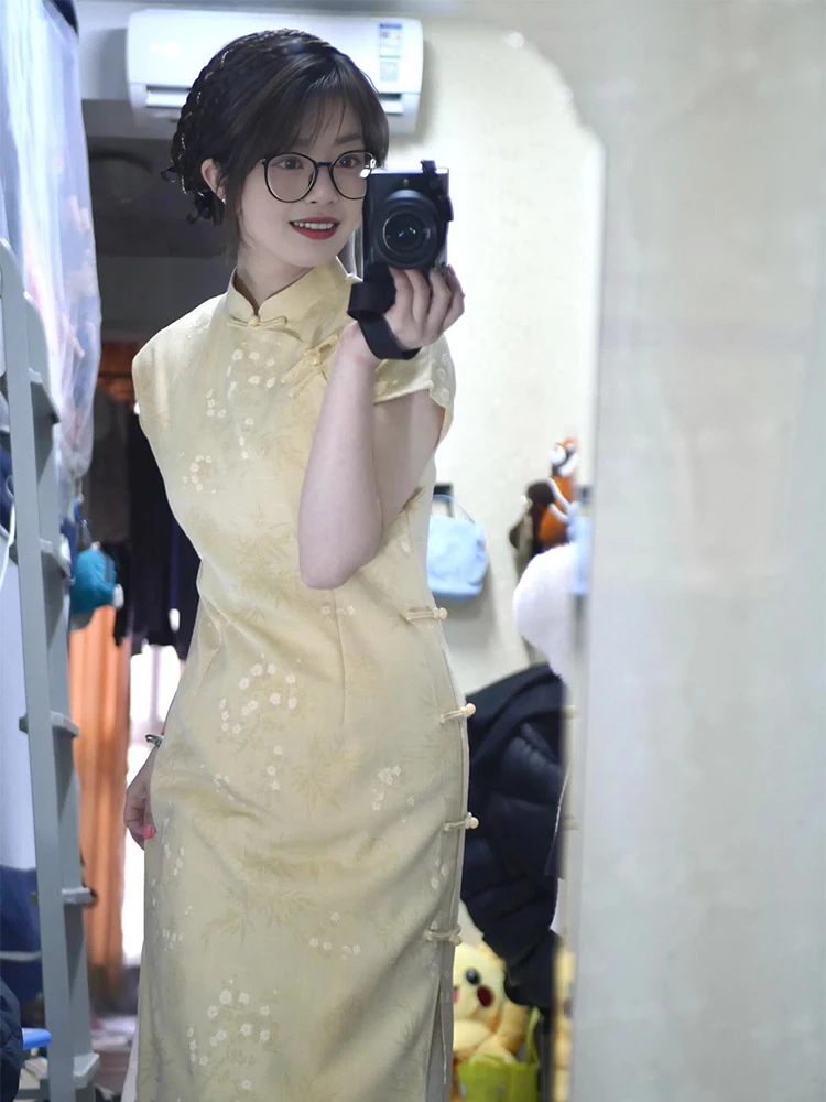 

New Chinese Style Yellow Floral Print Short Sleeve Qipao Dress Women's Daily Wear Summer Elegance Small Size Suitable Dress
