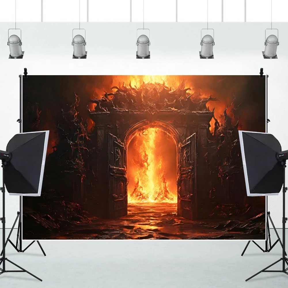 Halloween Hell Gate Devil Fire Backdrop Magic Arches Horror Theme Party Decor Ancient Castle Burning Flame Background Photo Prop