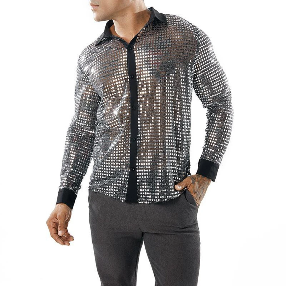 Men\'s Sparkly Sequins Party Dance Shirts Fashion Lapel Collar Long Sleeve Retro 70s Disco Stage Shirt Tops Men\'s Clothing