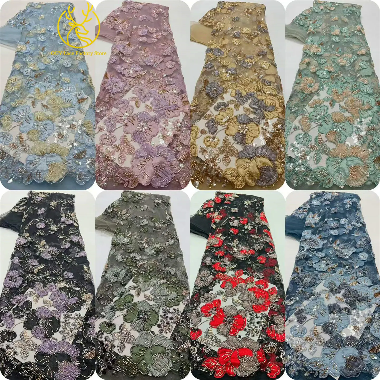 Afrikanischer Bräutigam Stickerei-Spitzenstoff mit Schwerer Perlenbestickung Hochwertiger Französischer Pailletten-Tüllspitzenstoff Nigerianisches Brautkleid Nähzubehör – Detail 3