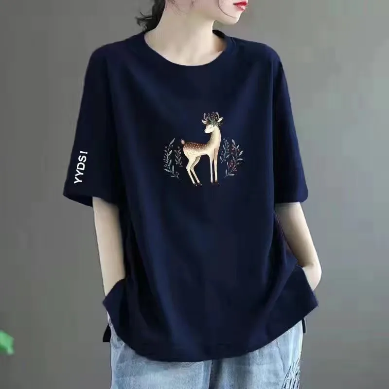 Summer New Loose Casual Deer Print Round Neck Short Sleeve Women's T-shirt Loose and Age Reducing Versatile Top
