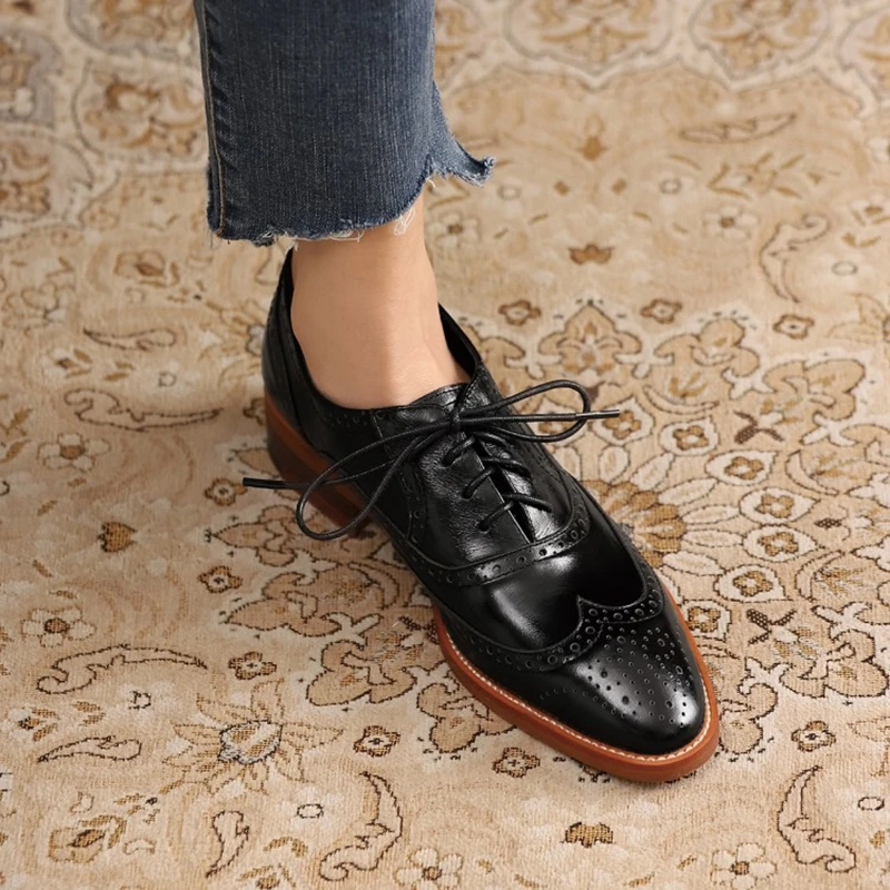 Women Oxford Shoes Spring/Autumn Women Shoes Genuine Leather Shoes for Women Brogues Vintage Lace up Casual Brown Handmade Shoes