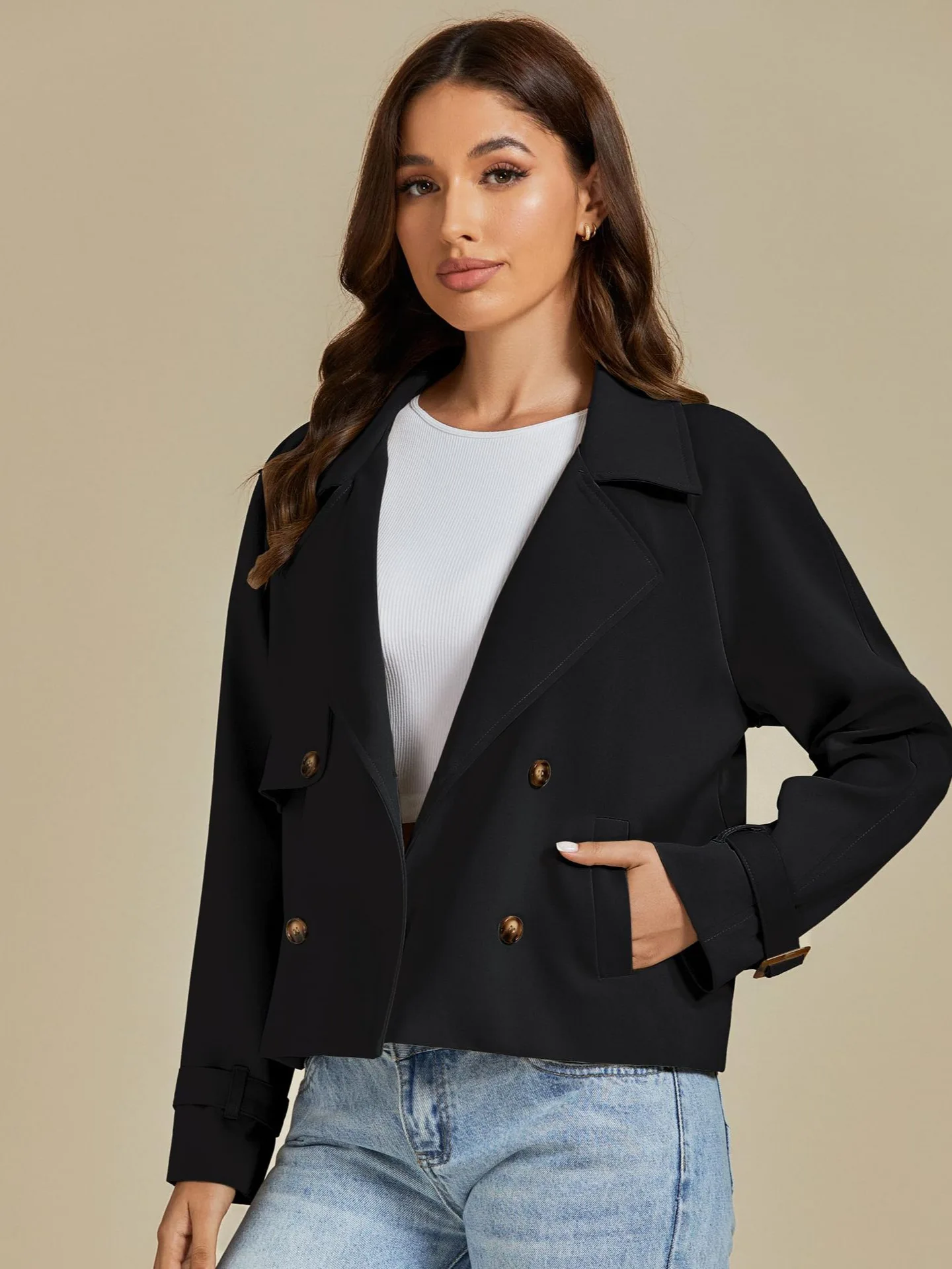 luvamia Cropped Trench Coat for Women Long Sleeve Double Breasted Notched Lapel Casual Loose Fit Jackets with Pockets