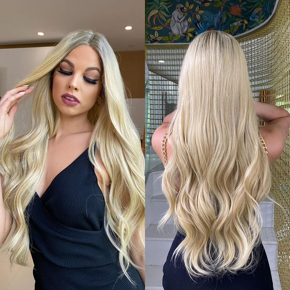 CharmSource Highlight Blonde Long loose Natural Wave Synthetic Lace Front Wig Middle Part Hair Wigs for Women Heat Resistant