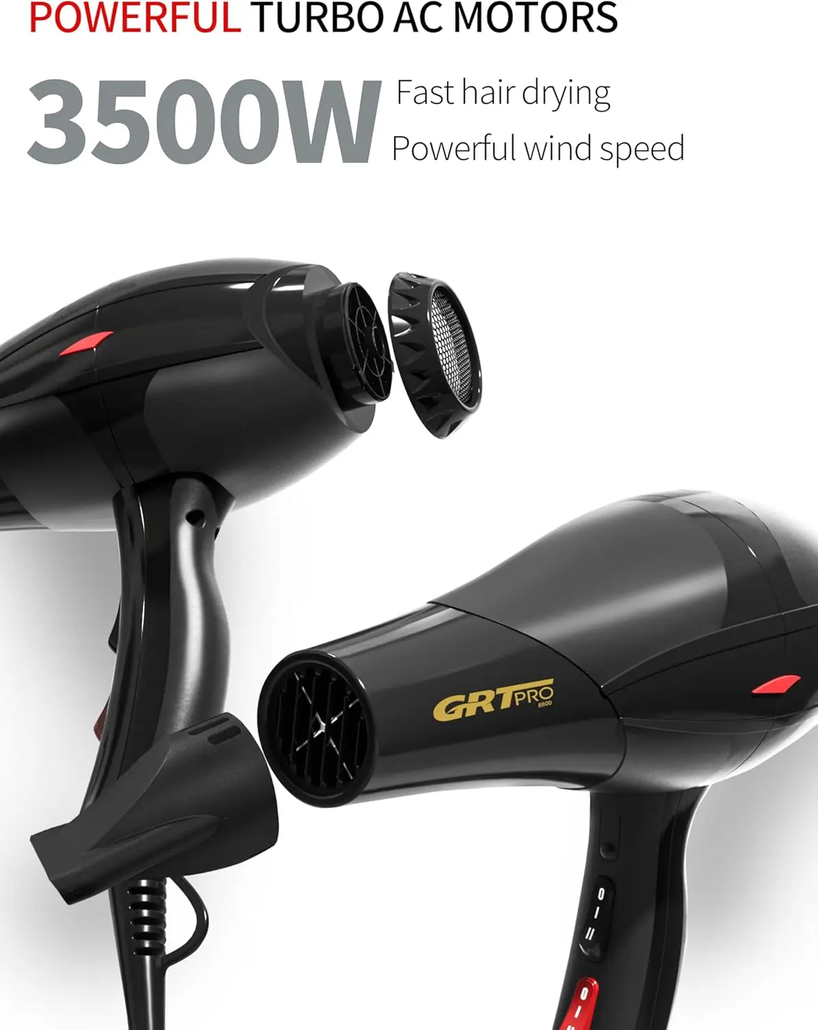 Secador de Pelo Profesional Iónico con Motor AC de 3500W, Secador de Pelo de Viaje de Cerámica con Luz Azul, Difusor y Boquilla Concentradora