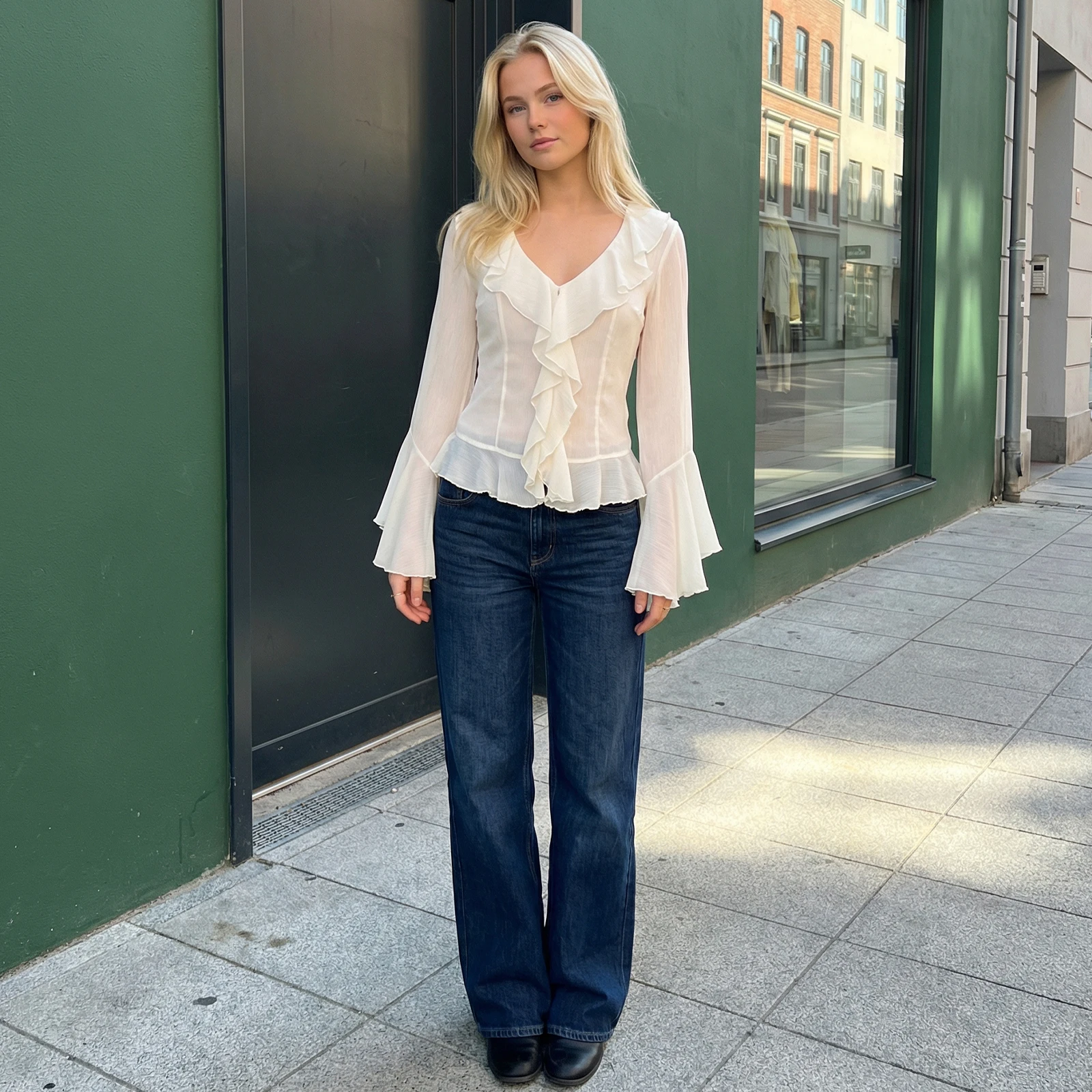 

Women Long Sleeve Shirts Solid Color Ruffles V-Neck Loose Blouses Spring Casual Sheer Chiffon Tops Streetwear