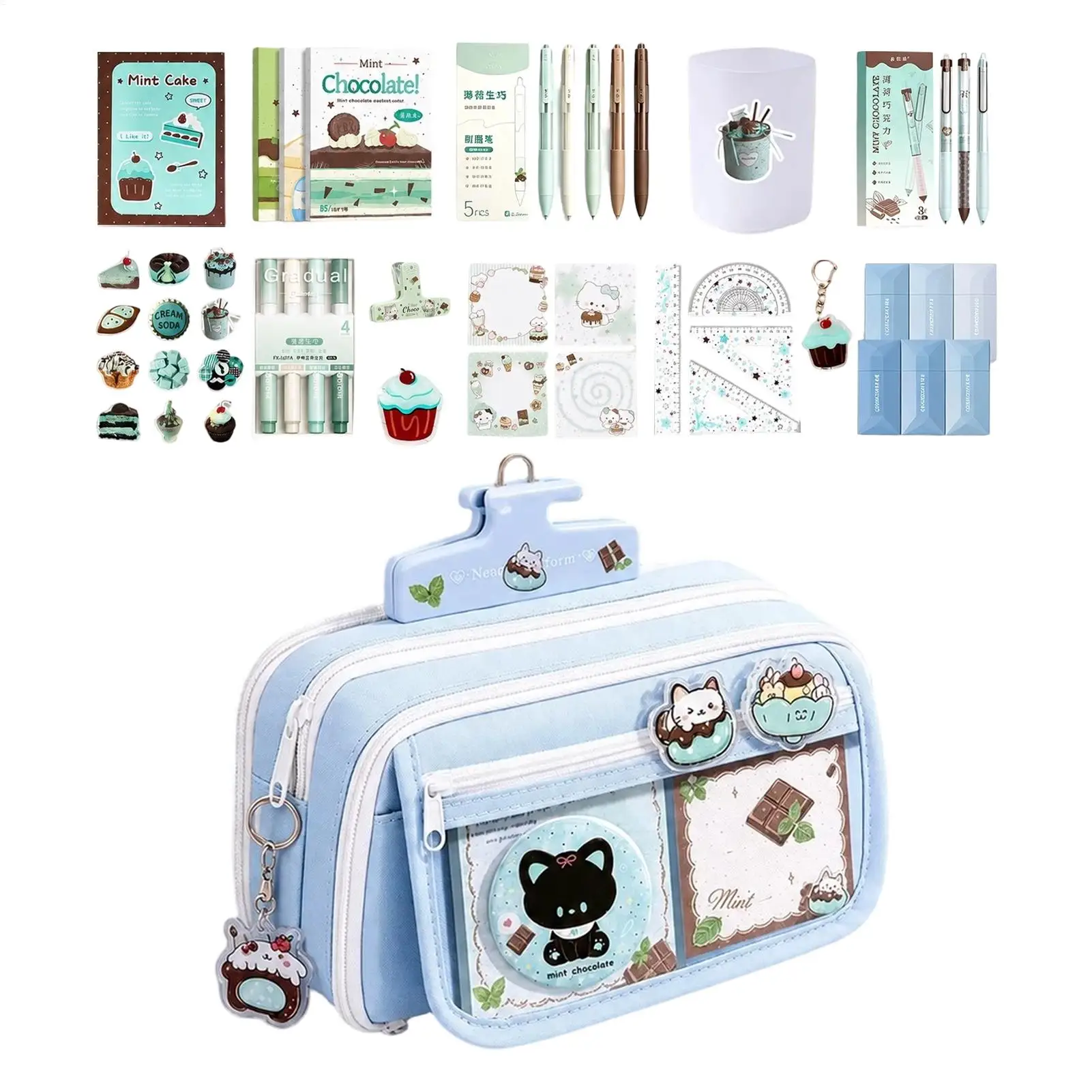 Mint Chocolate Kitten Stationery Set 13 Layers Large Capacity Pen Bag Stationery Set School Classroom Supplies With Pen Case